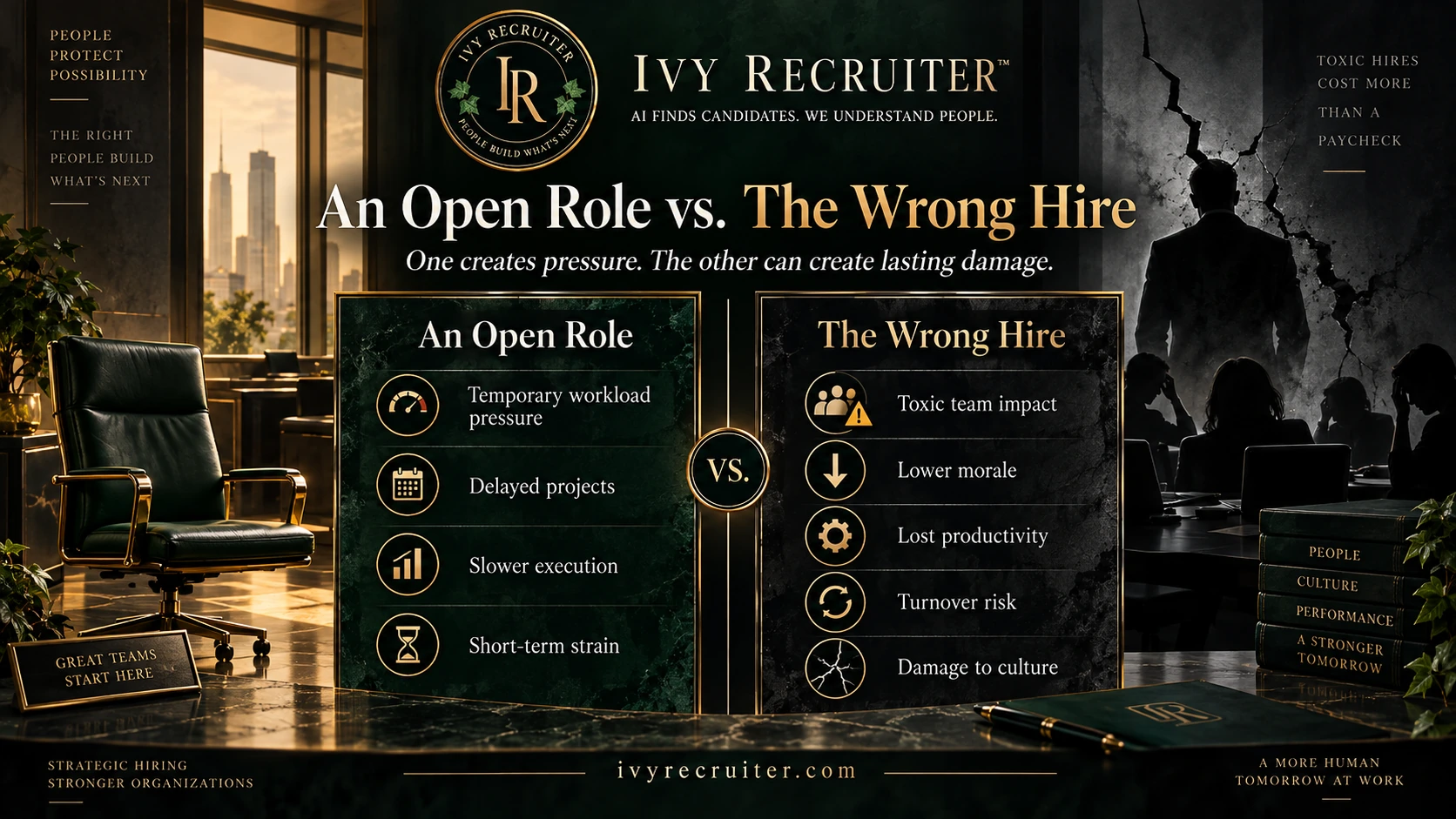 Comparison of an open position’s workload pressures with the broader consequences of a wrong hire.