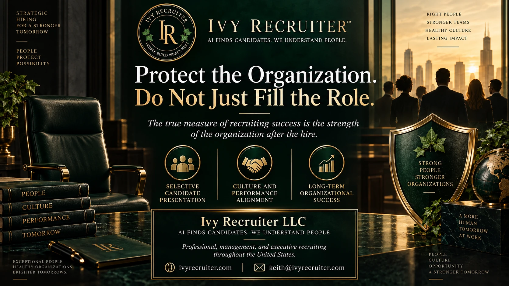 Ivy Recruiter message: protect the organization, not just fill the role. Selective candidates and long-term success.
