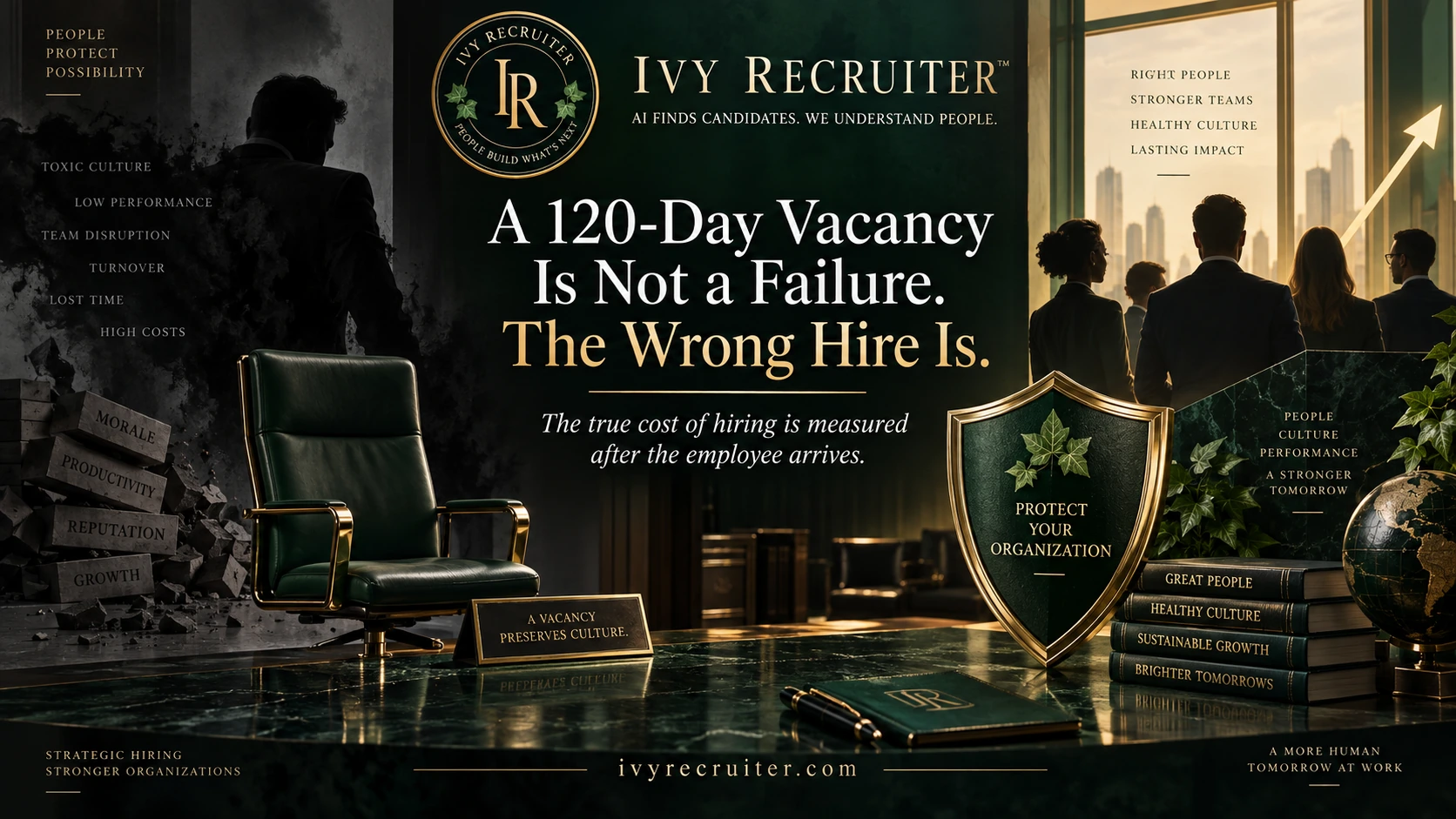 Hero image: a 120-day vacancy versus the wrong hire, emphasizing organizational protection.